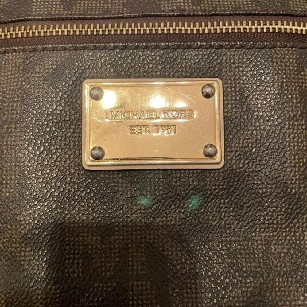 Michael Kors Brown Signature Monogram Wristlet Pouch Gold Hardware Wallet Clutch
